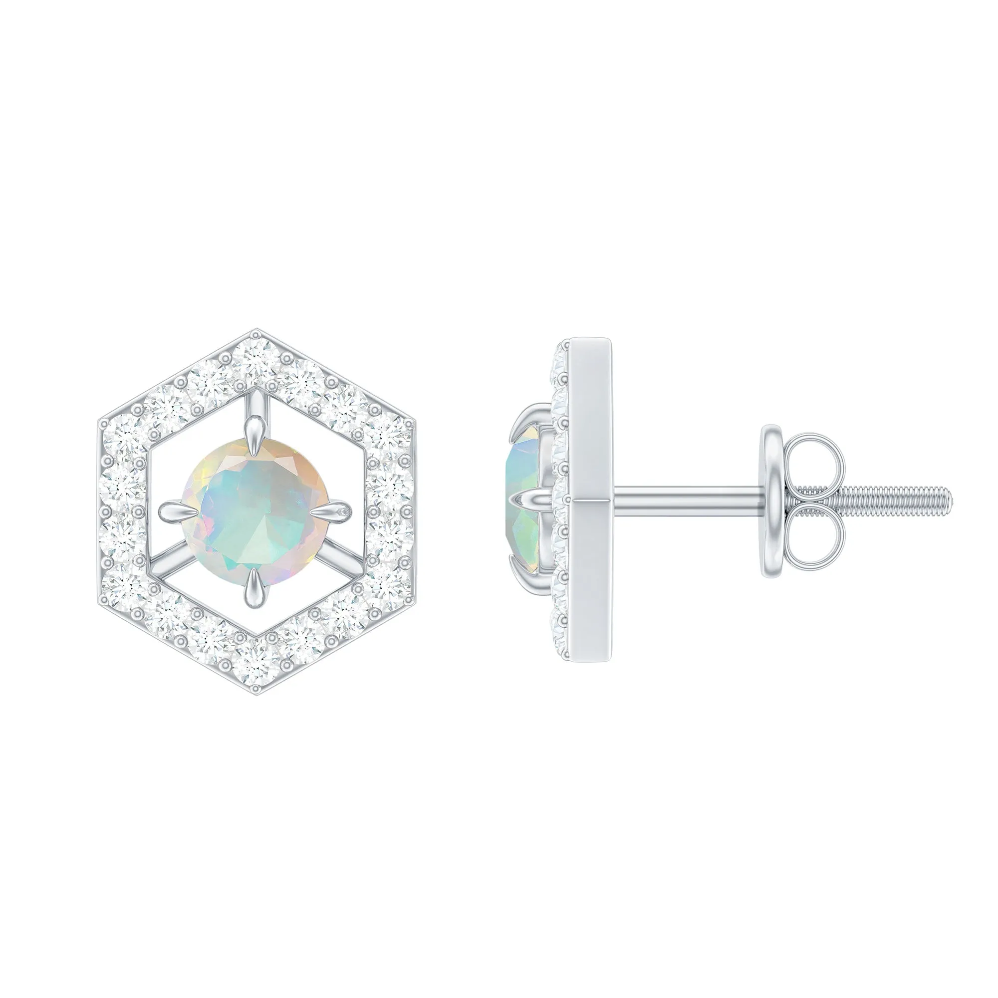 1 CT Minimal Ethiopian Opal and Diamond Geometric Stud Earrings