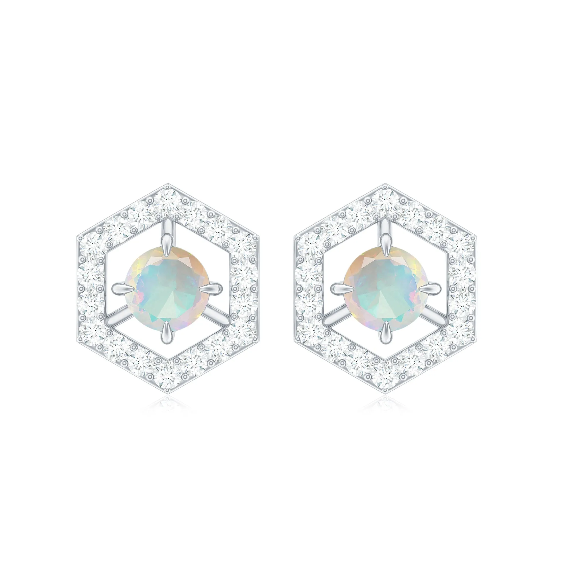 1 CT Minimal Ethiopian Opal and Diamond Geometric Stud Earrings