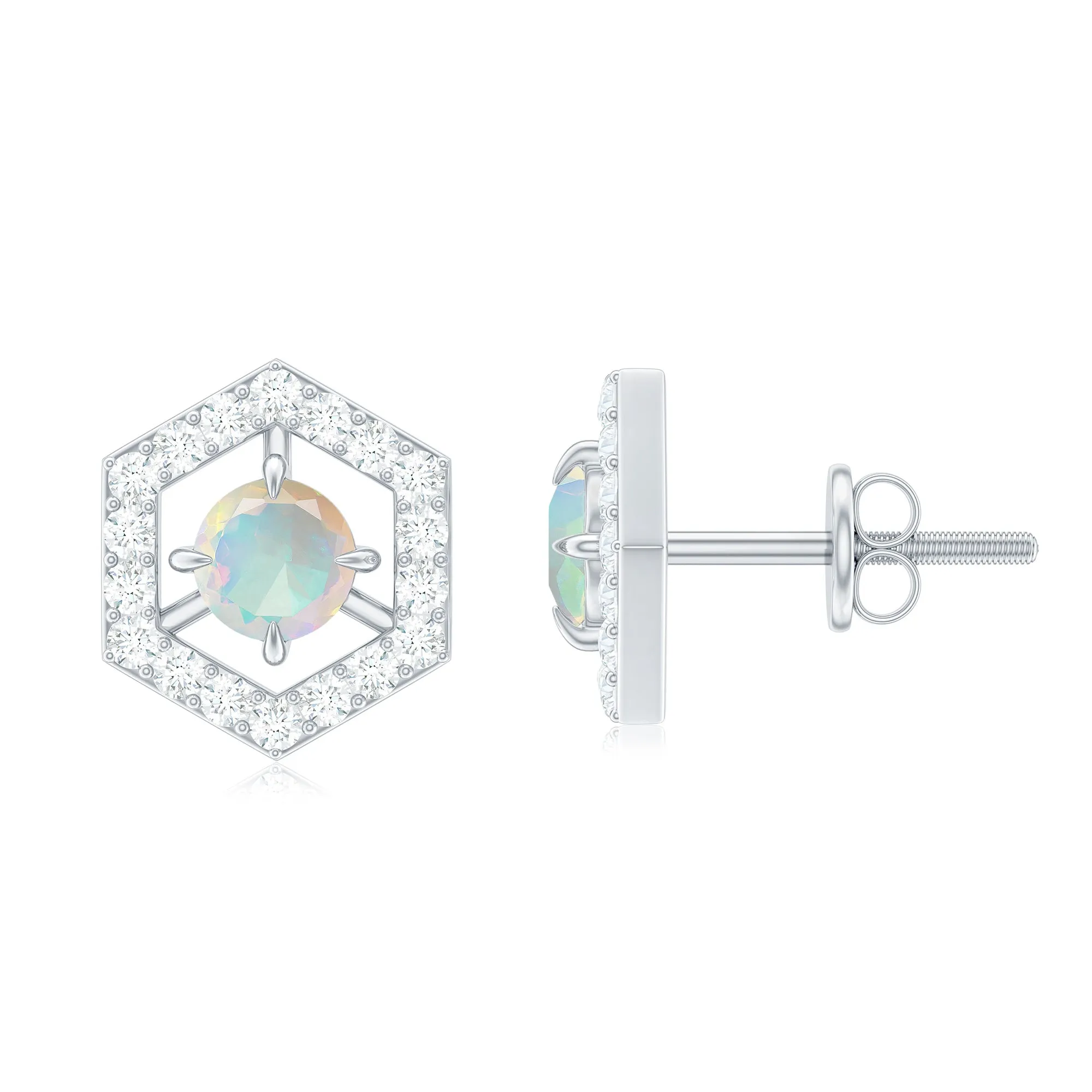 1 CT Minimal Ethiopian Opal and Diamond Geometric Stud Earrings