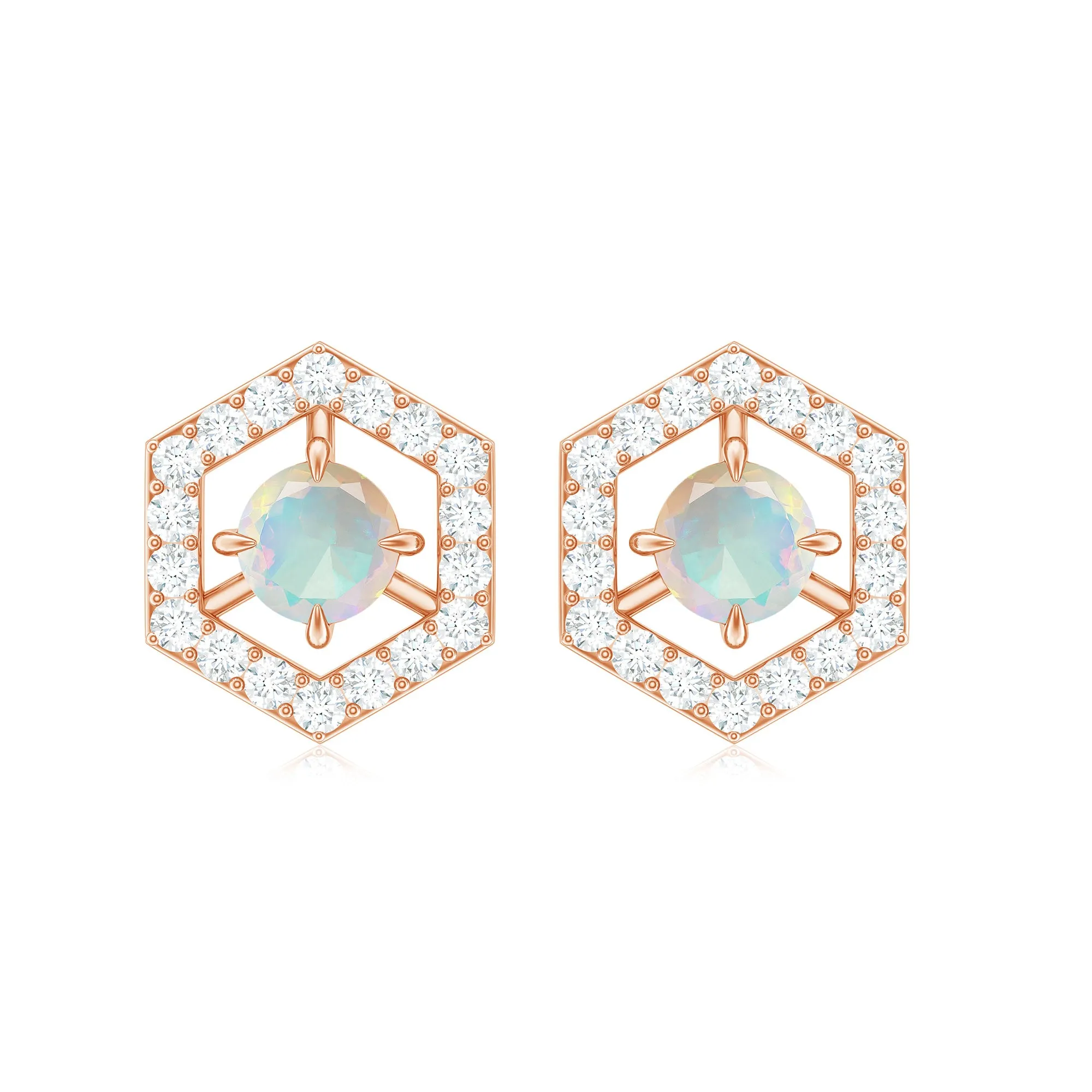 1 CT Minimal Ethiopian Opal and Diamond Geometric Stud Earrings