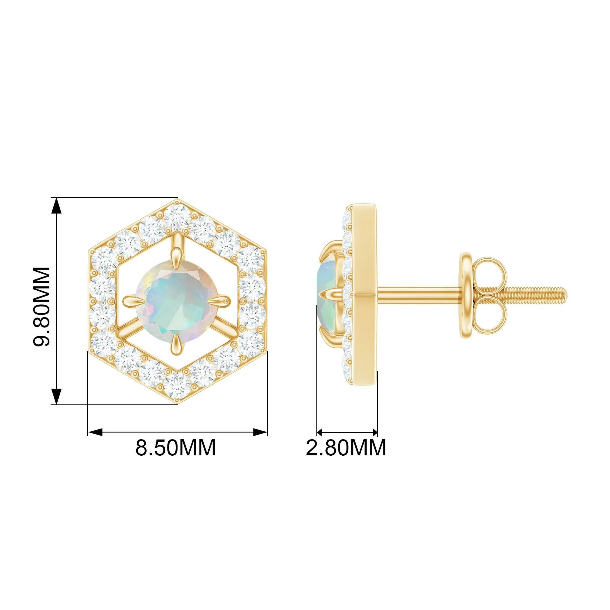 1 CT Minimal Ethiopian Opal and Diamond Geometric Stud Earrings