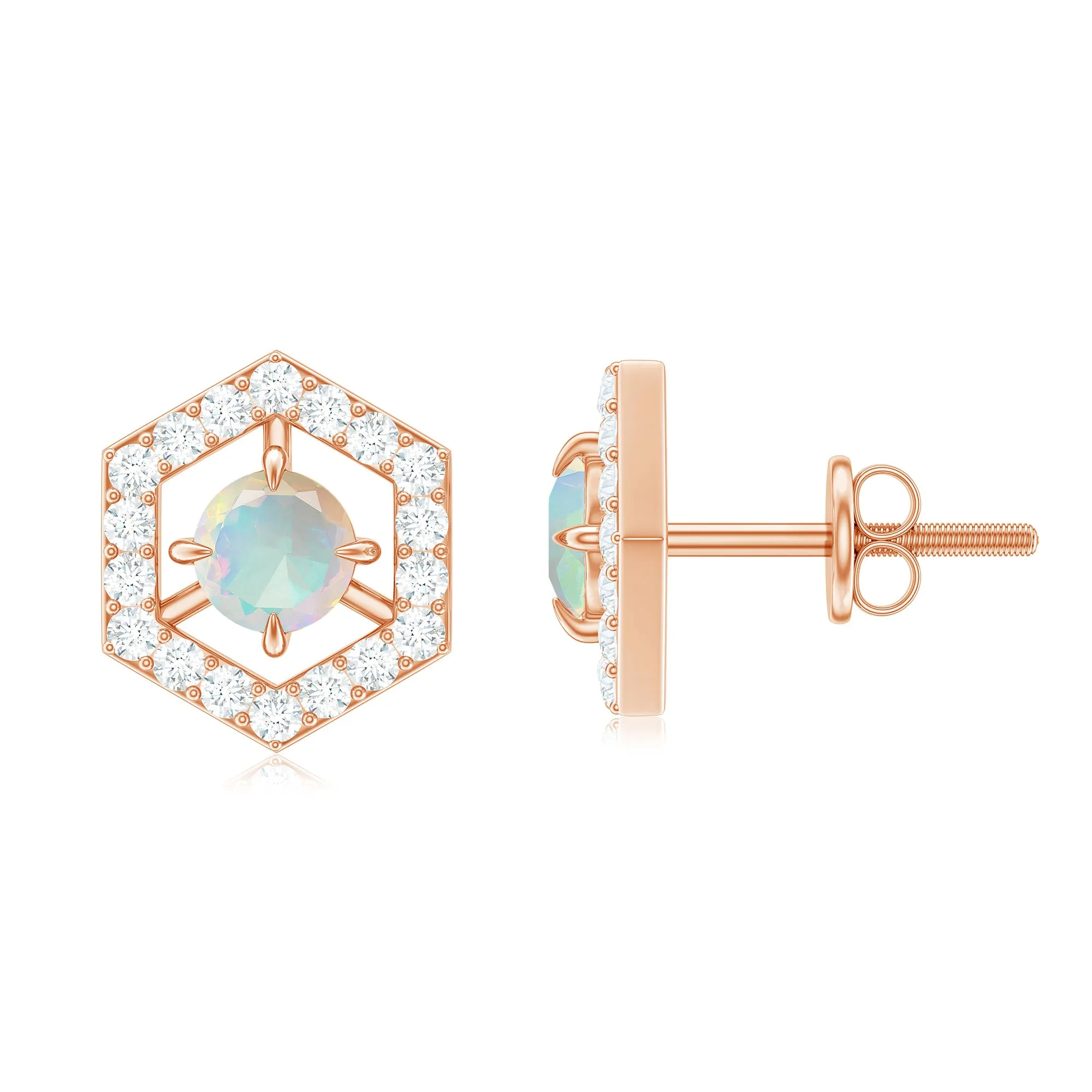 1 CT Minimal Ethiopian Opal and Diamond Geometric Stud Earrings