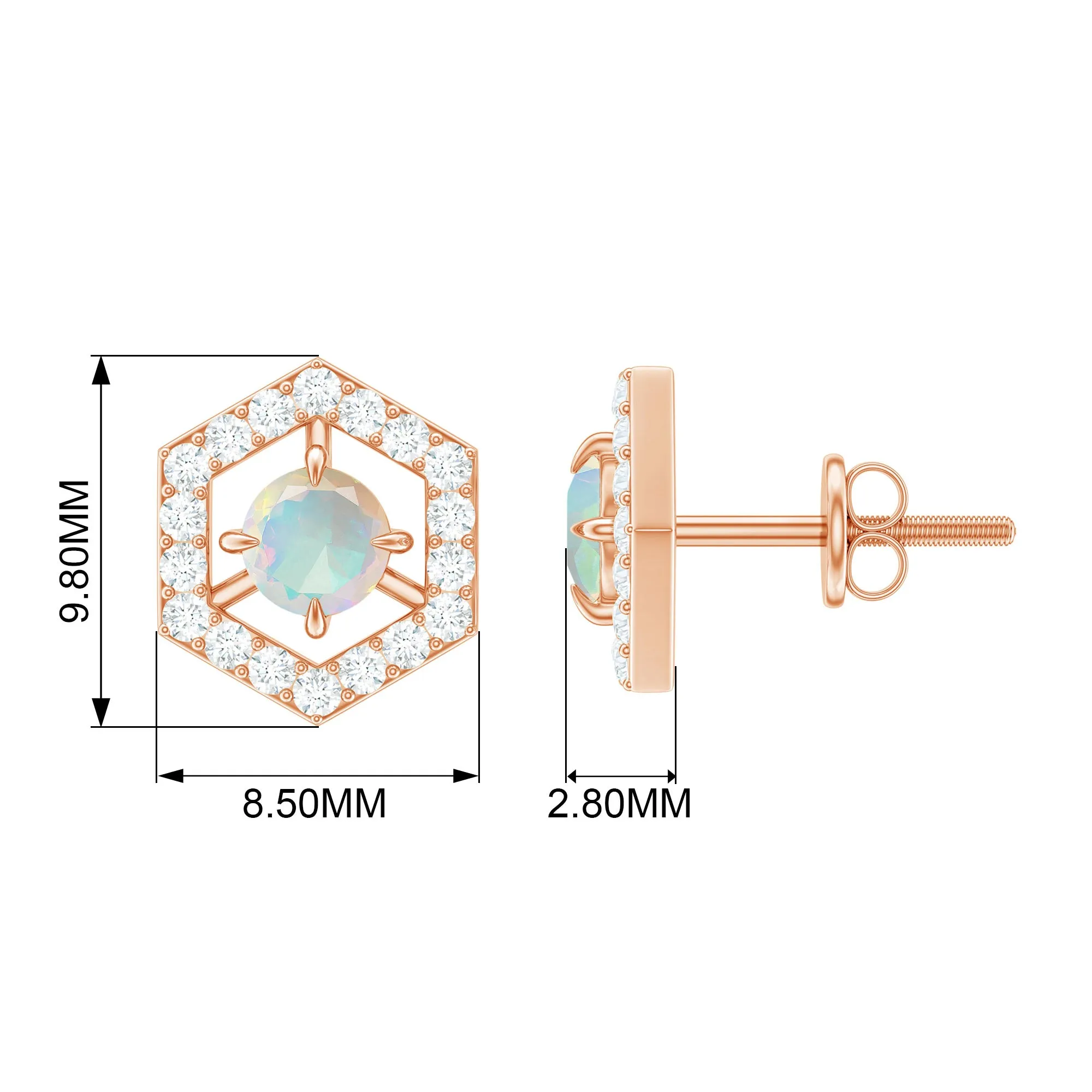 1 CT Minimal Ethiopian Opal and Diamond Geometric Stud Earrings