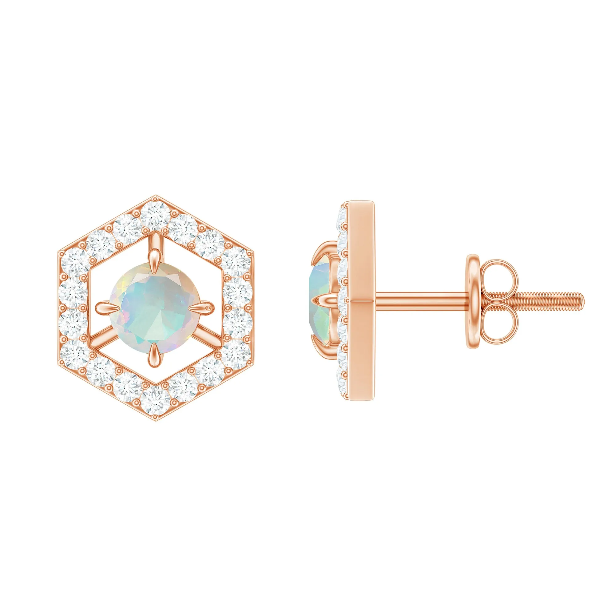 1 CT Minimal Ethiopian Opal and Diamond Geometric Stud Earrings