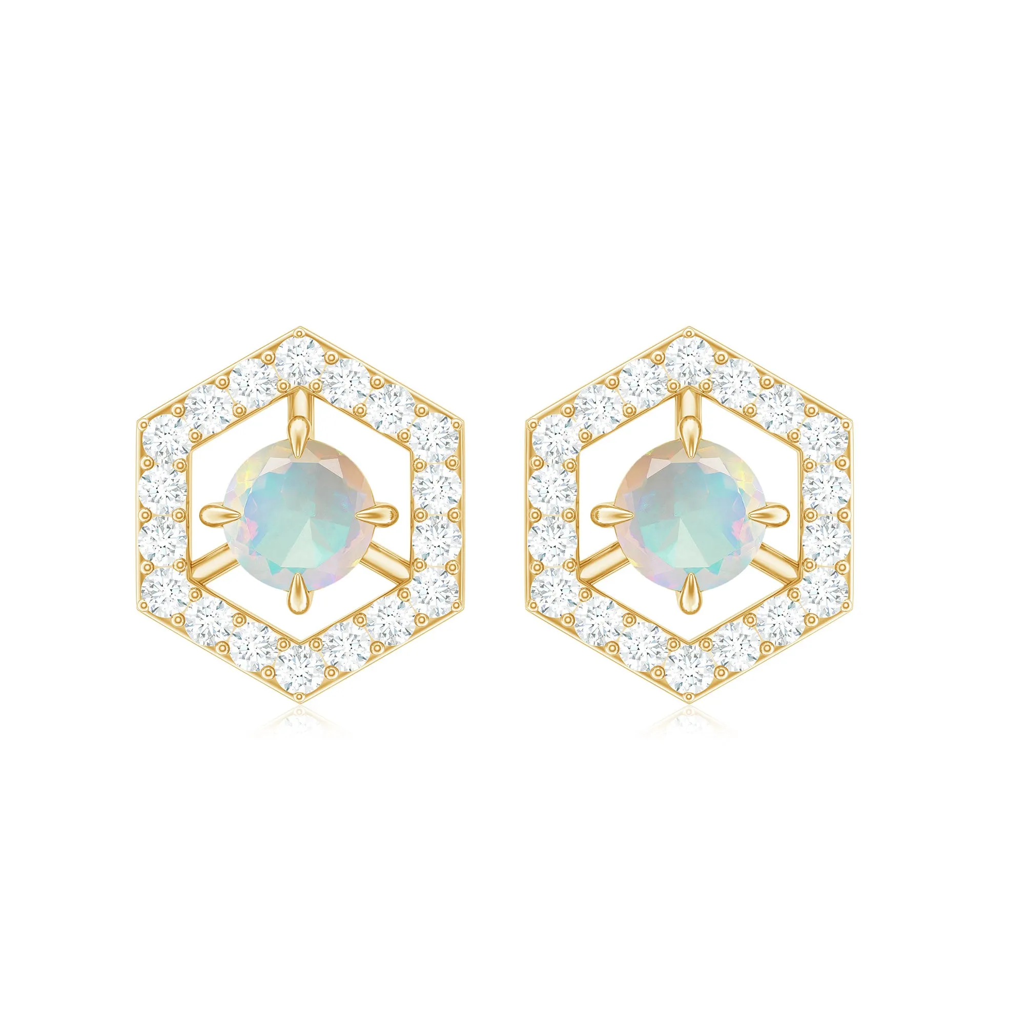 1 CT Minimal Ethiopian Opal and Diamond Geometric Stud Earrings