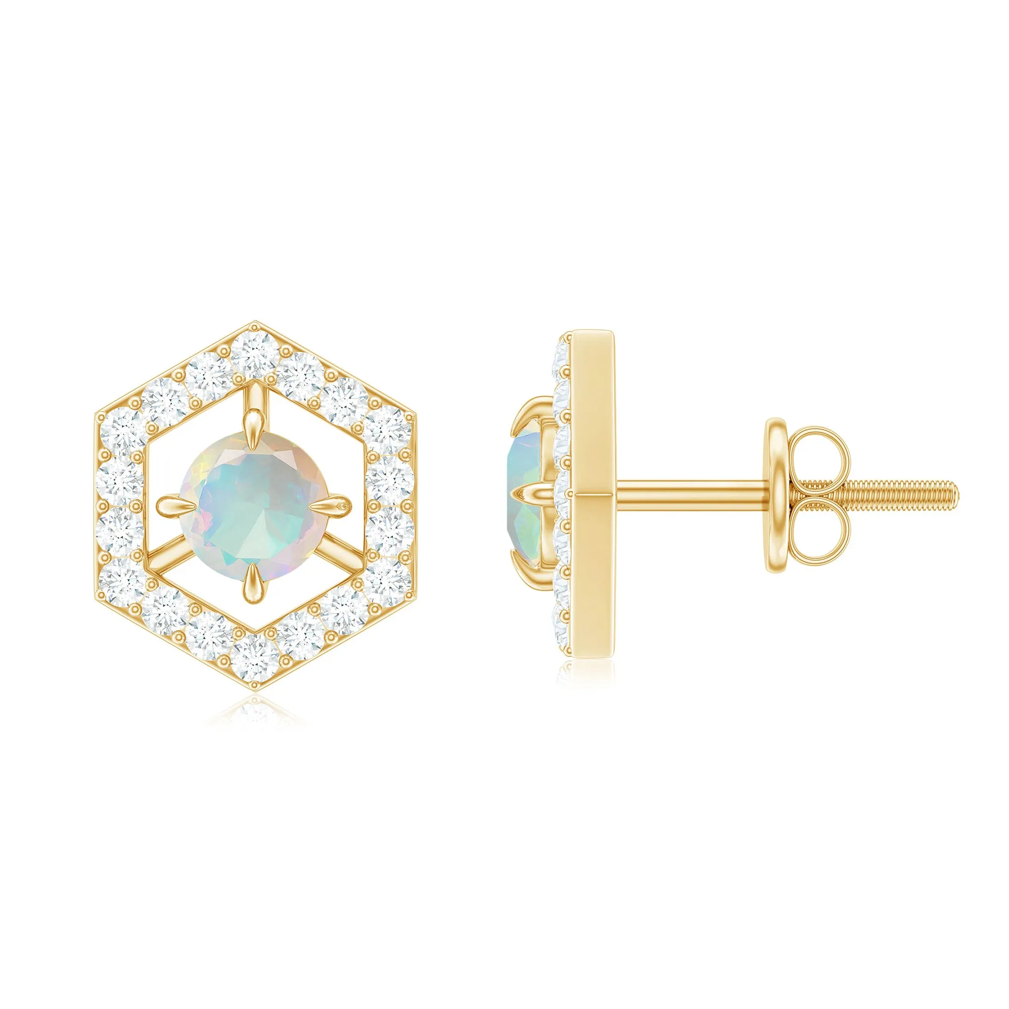 1 CT Minimal Ethiopian Opal and Diamond Geometric Stud Earrings