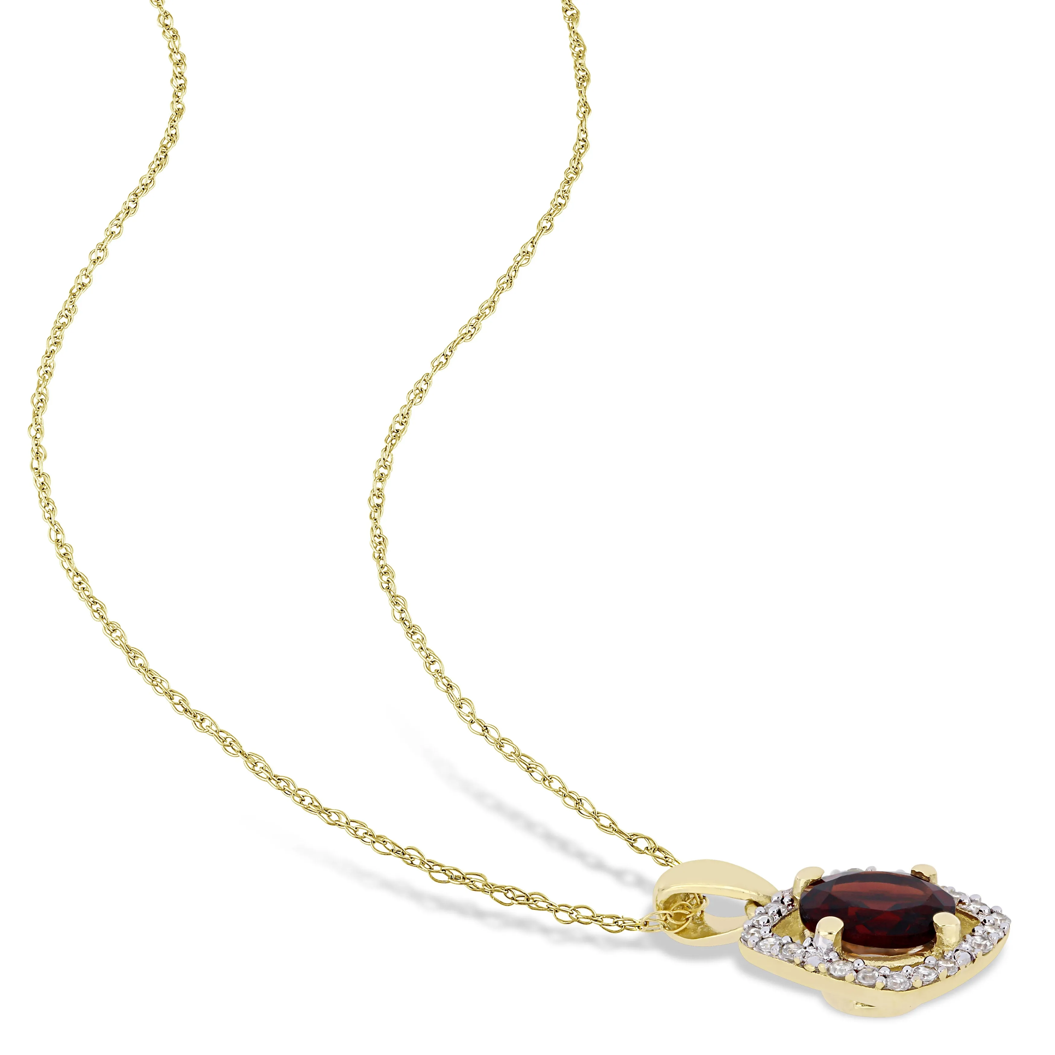 1 CT TGW Garnet and 1/10 CT TW Diamond Halo Square Drop Pendant with Chain in 10k Yellow Gold