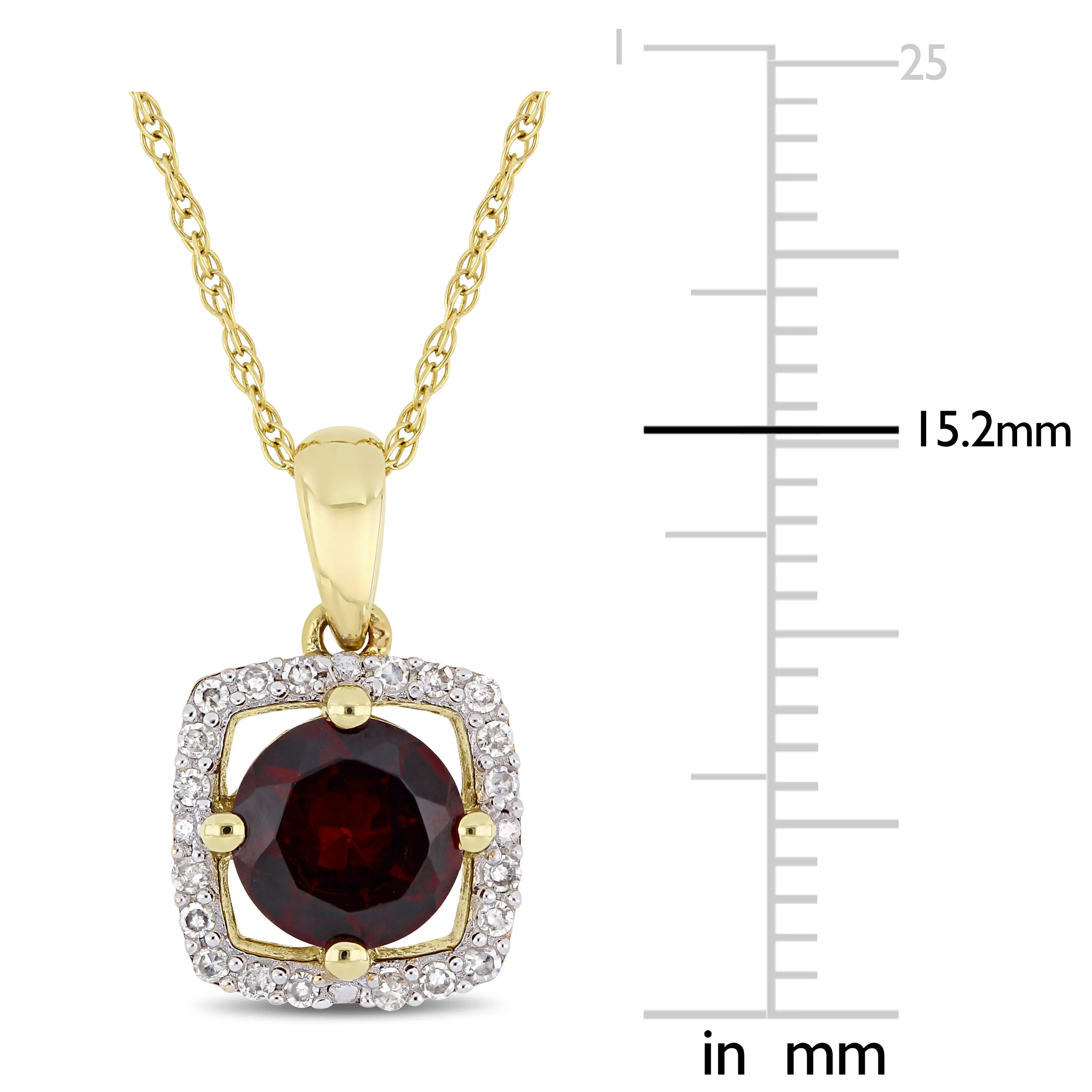 1 CT TGW Garnet and 1/10 CT TW Diamond Halo Square Drop Pendant with Chain in 10k Yellow Gold