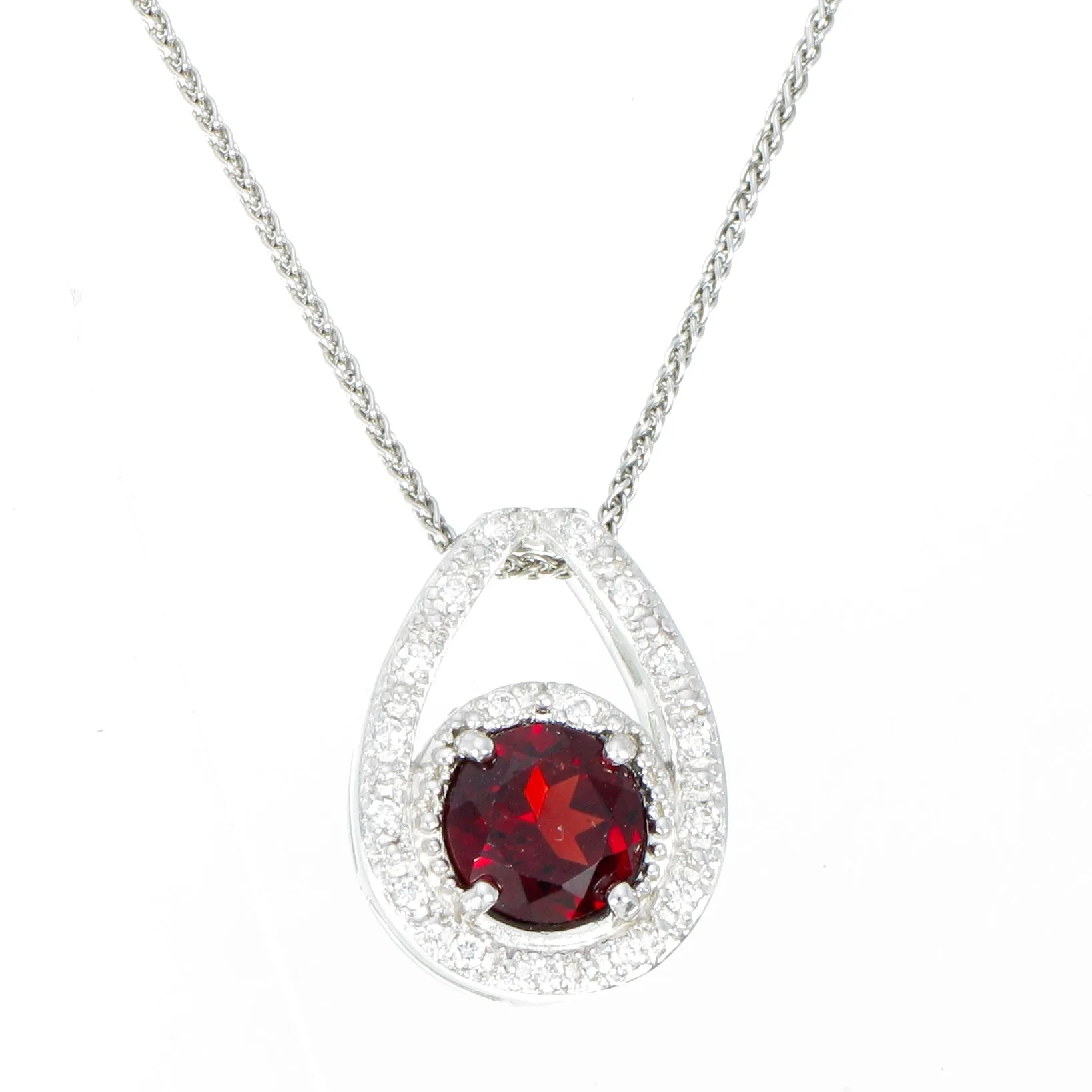 1.05 cttw Garnet Pendant Necklace .925 Sterling Silver With Rhodium 7 MM Round