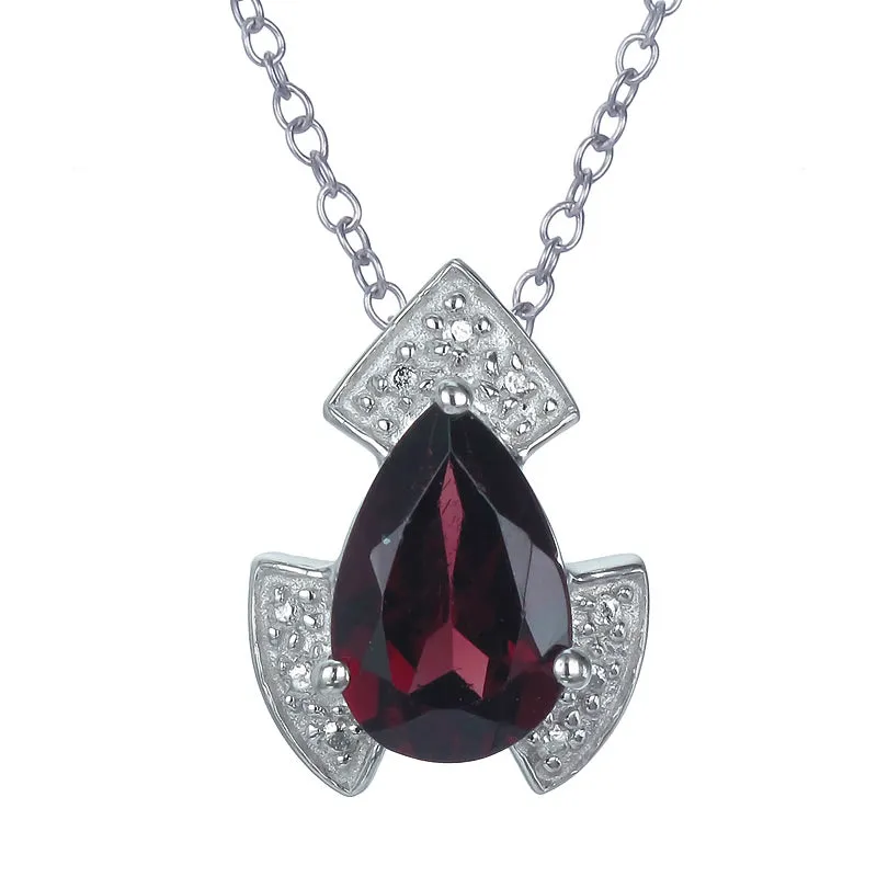 1.10 cttw Garnet Pendant Necklace .925 Sterling Silver With Rhodium 9x6 MM Pear