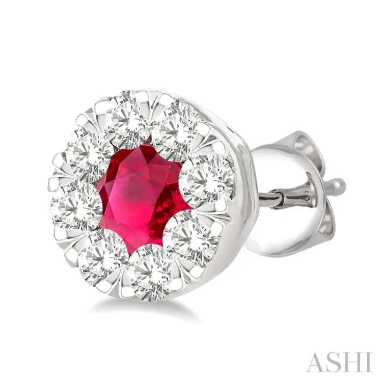 1/2 ctw Lovebright 3.3MM Ruby and Round Cut Diamond Precious Stud Earring in 14K White Gold