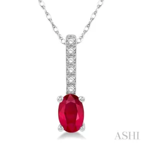 1/20 Ctw Round Cut Diamond and Oval Cut 6x4mm Ruby Precious Pendant in 10K White Gold with chain