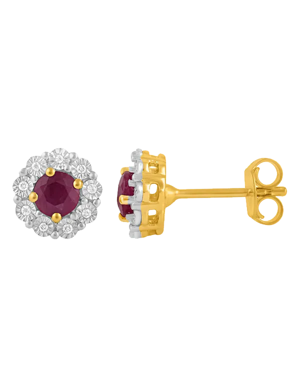 14ct Yellow Gold Natural Ruby and Diamond Earrings - 780705