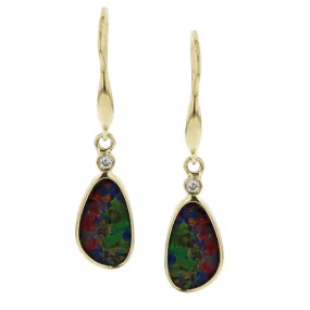 14K Black Opal Doublet and Diamond Drop Earrings