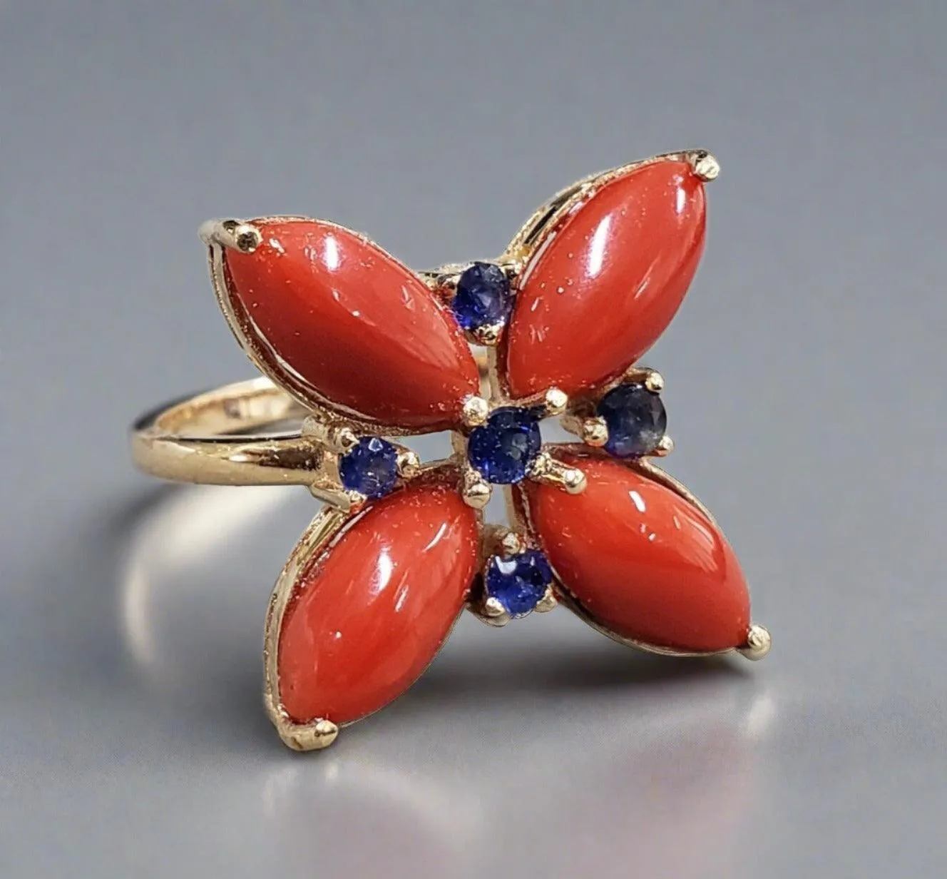 14k Gold Coral with Blue Sapphire Ring