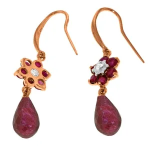 14K Solid Rose Gold Fish Hook Diamond & Ruby Earrings