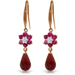 14K Solid Rose Gold Fish Hook Diamond & Ruby Earrings