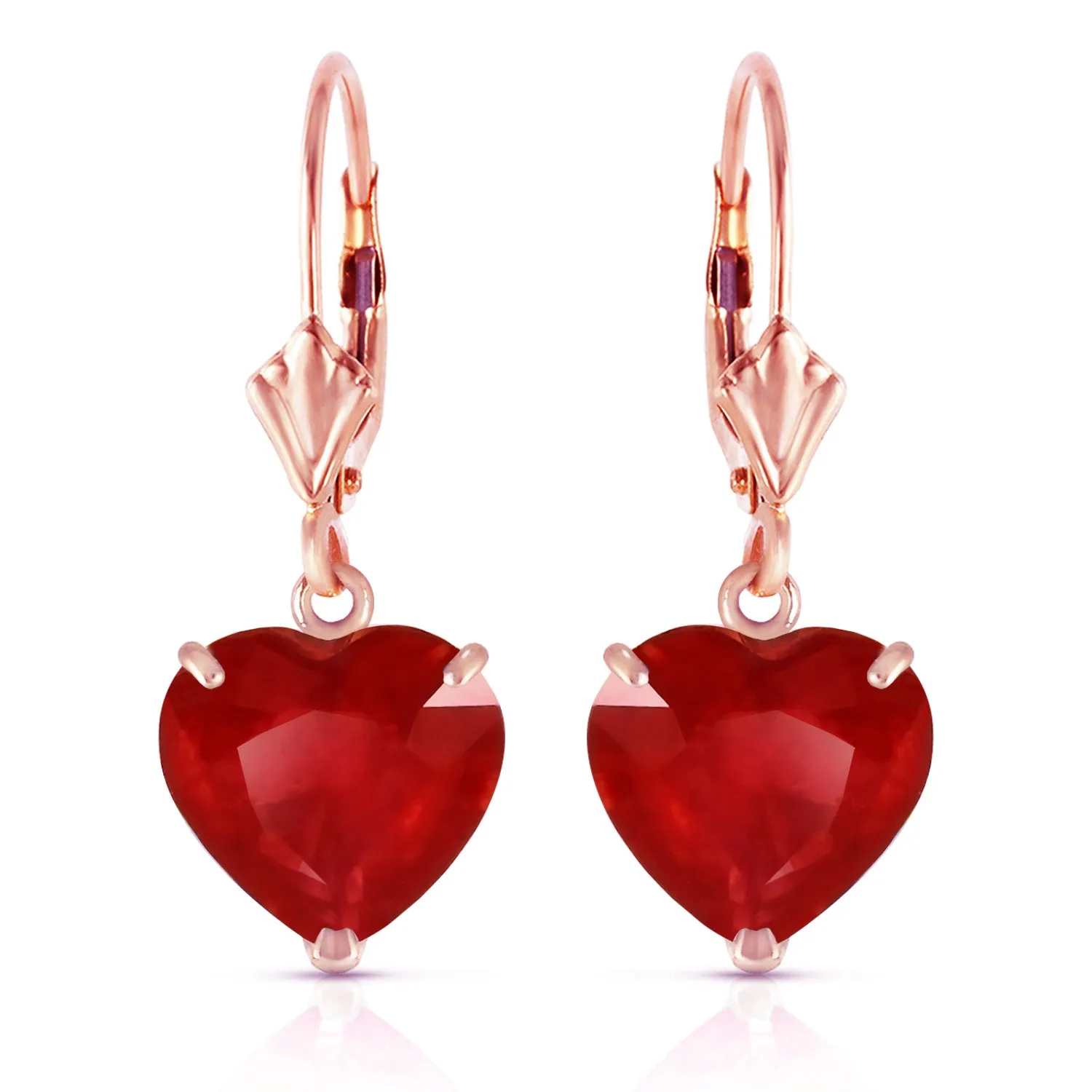 14K Solid Rose Gold Leverback Earrings Natural 10mm Heart Rubies