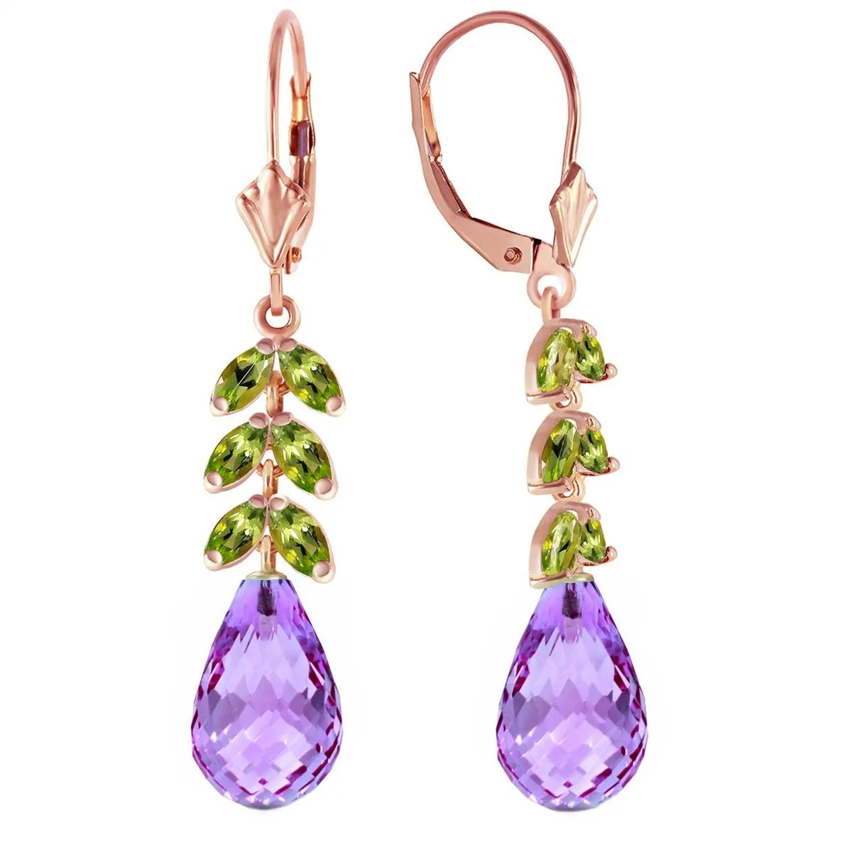 14K Solid Rose Gold Leverback Earrings w/ Peridots & Amethyst