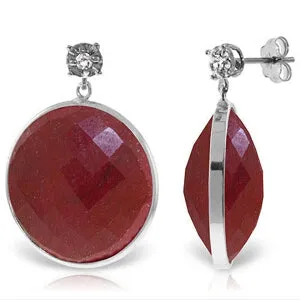 14K Solid White Gold Diamonds Stud Earrings w/ Dangling Checkerboard Cut Round Dyed Rubies