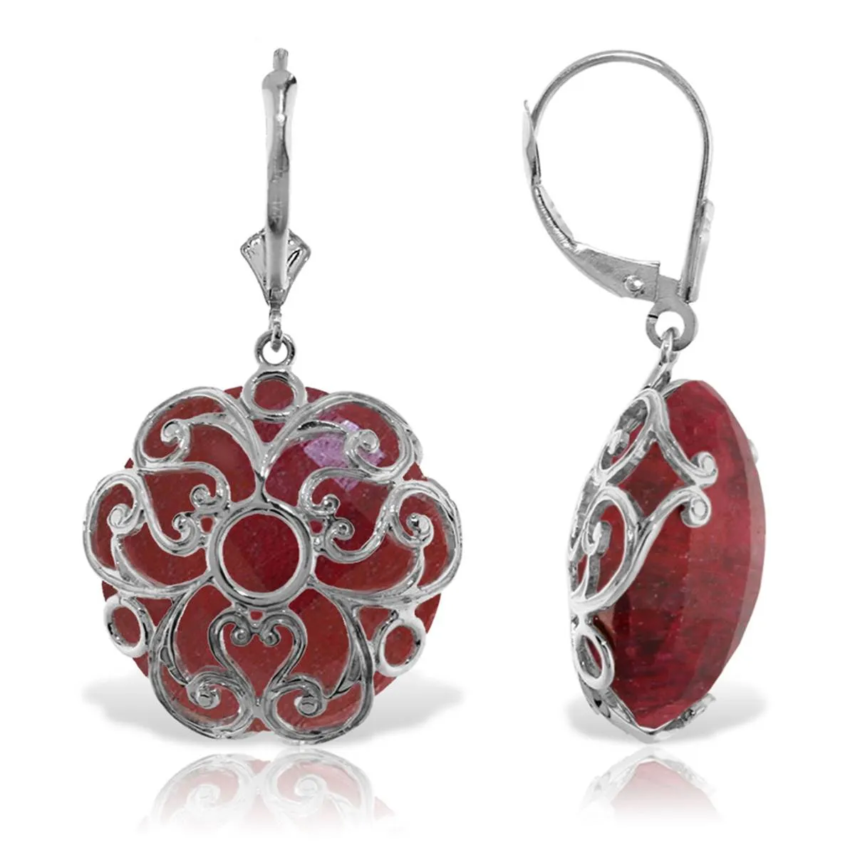 14K Solid White Gold Leverback Earrings w/ Checkerboard Cut Round Dyed Rubies