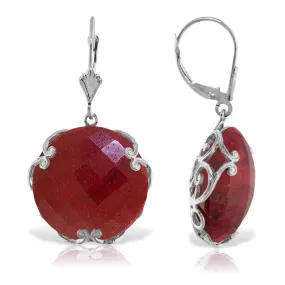 14K Solid White Gold Leverback Earrings w/ Checkerboard Cut Round Dyed Rubies