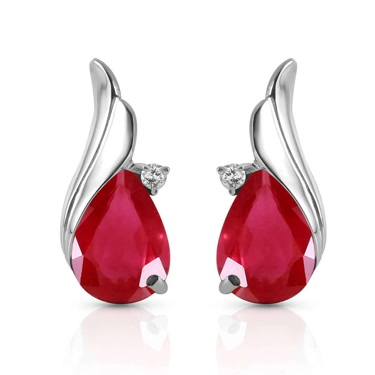 14K Solid White Gold Studs Earrings Natural Diamond & Ruby Jewelry