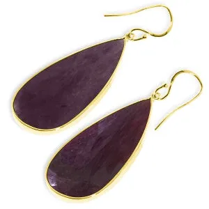 14K Solid Yellow Gold Fish Hook Pear Ruby Earrings