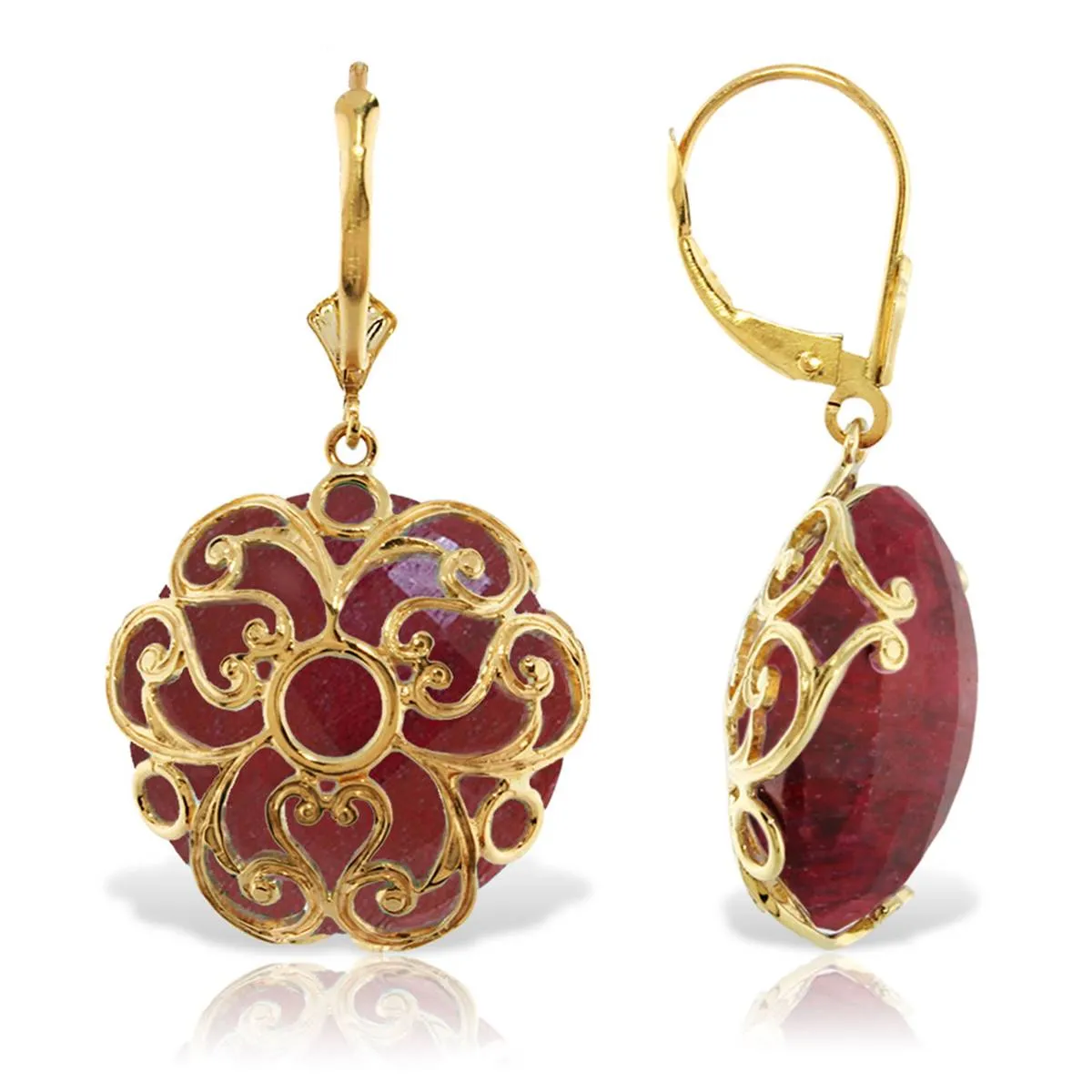 14K Solid Yellow Gold Leverback Earrings w/ Checkerboard Cut Round Dyed Rubies