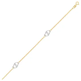 14k Two Tone Gold Entwined Heart Stationed Anklet