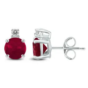 14K White Gold 4Mm Round Ruby And Diamond Earrings