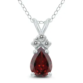 14K White Gold 7X5Mm Pear Garnet And Three Stone Diamond Pendant