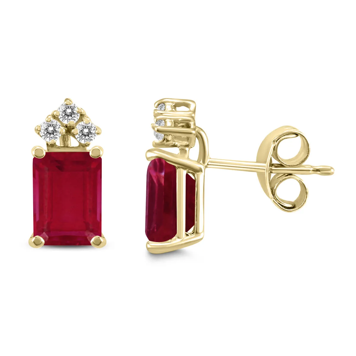 14K Yellow Gold 5X3Mm Emerald Shaped Ruby And Three Stone Diamond Earrings