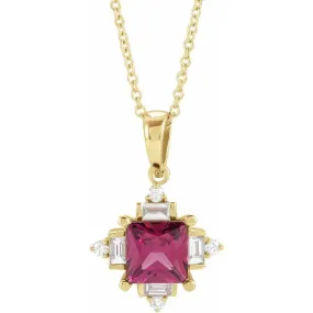 14K Yellow Gold Natural Rhodolite Garnet & 1/5 CTW Natural Diamond Geometric 16-18" Necklace