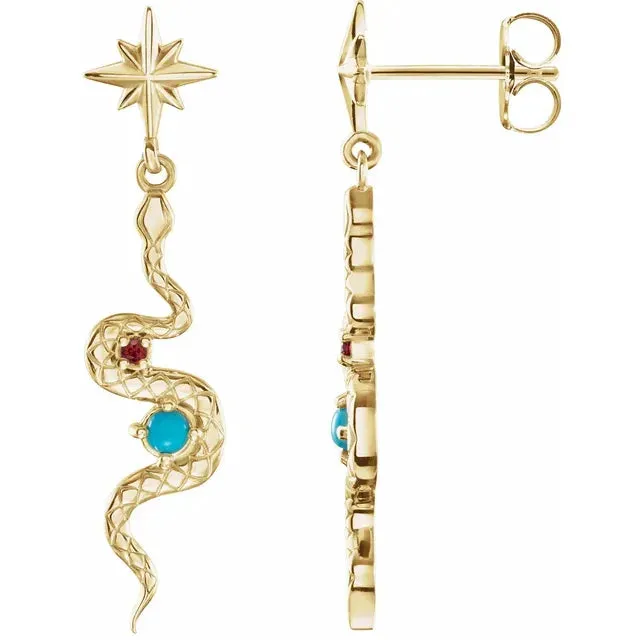 14K Yellow Gold Natural Turquoise & Natural Ruby Snake Earrings