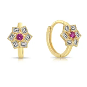 14K Yellow Gold Ruby Birthstone CZ Flower Huggies Hoop Earrings