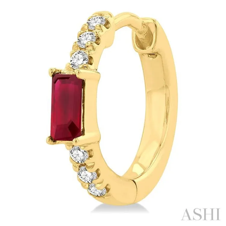 1/8 ctw Petite 4X2MM Ruby and Round Cut Diamond Fashion Huggies in 10K Yellow Gold