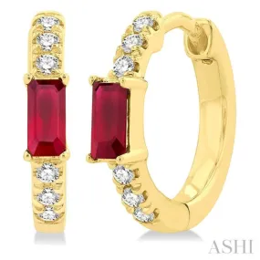 1/8 ctw Petite 4X2MM Ruby and Round Cut Diamond Fashion Huggies in 10K Yellow Gold