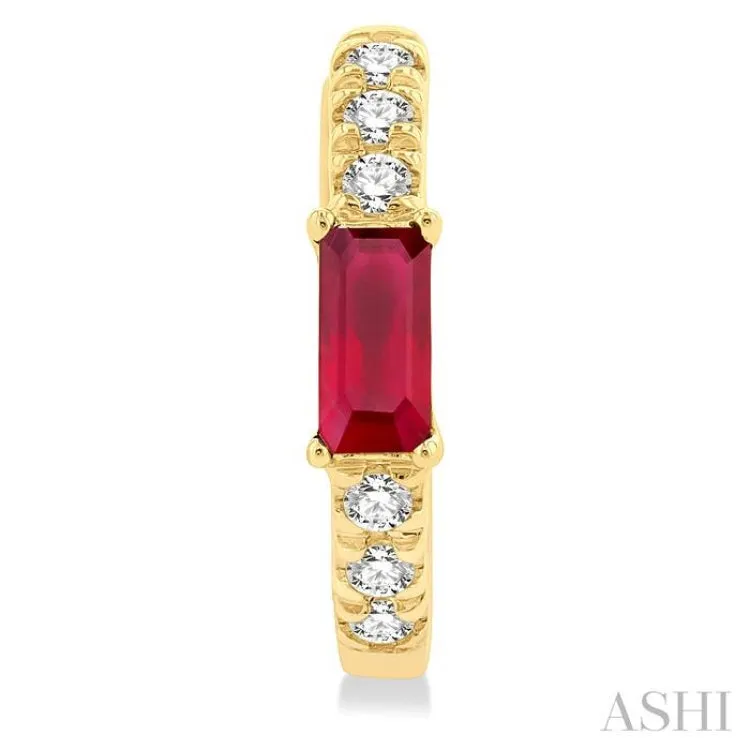 1/8 ctw Petite 4X2MM Ruby and Round Cut Diamond Fashion Huggies in 10K Yellow Gold