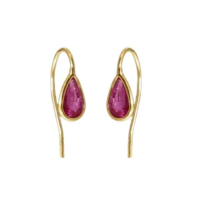 18k Gold Pear Shape Ruby Wire Earrings