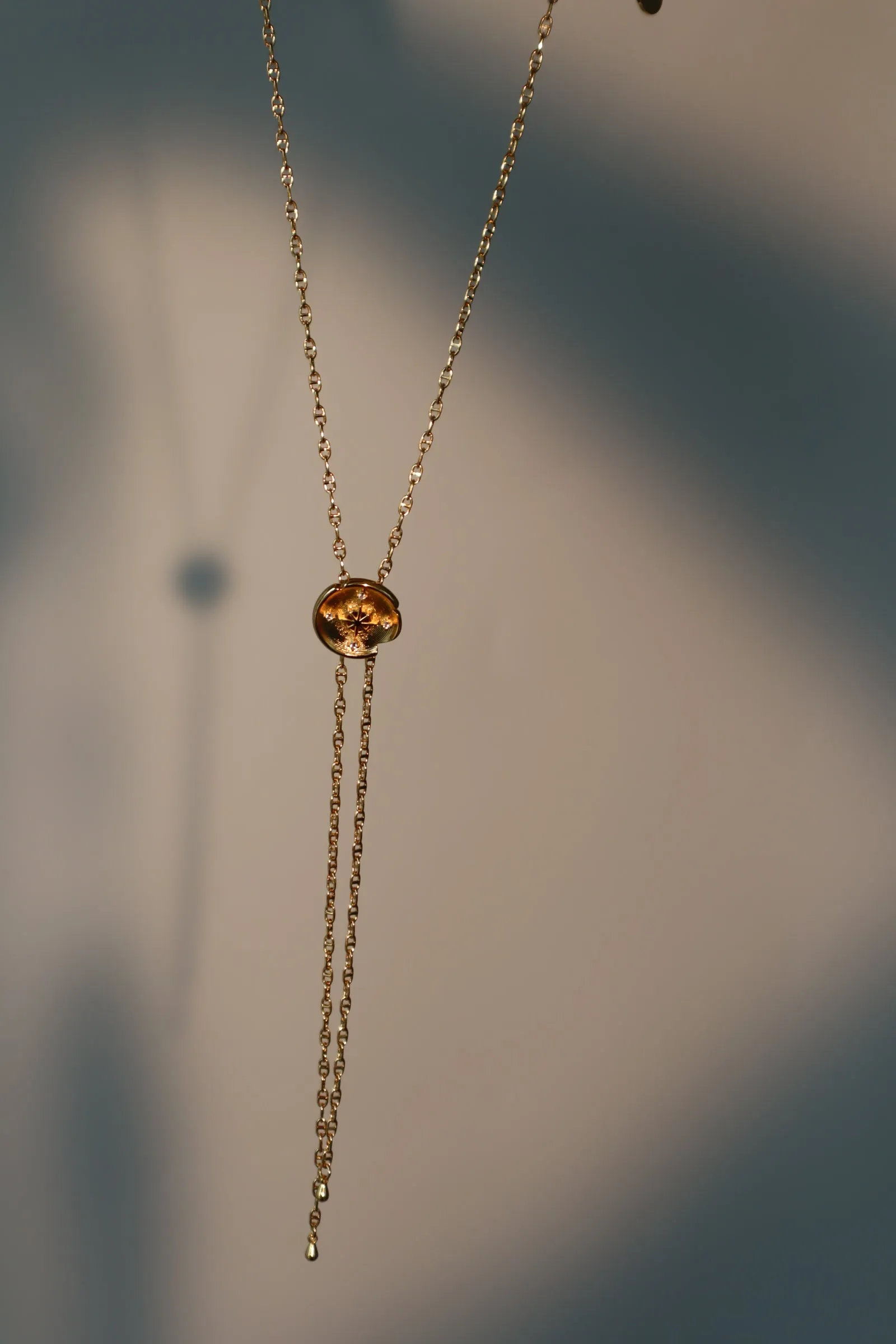 18K Real Gold Plated Pole Star Clock Lariat Necklace