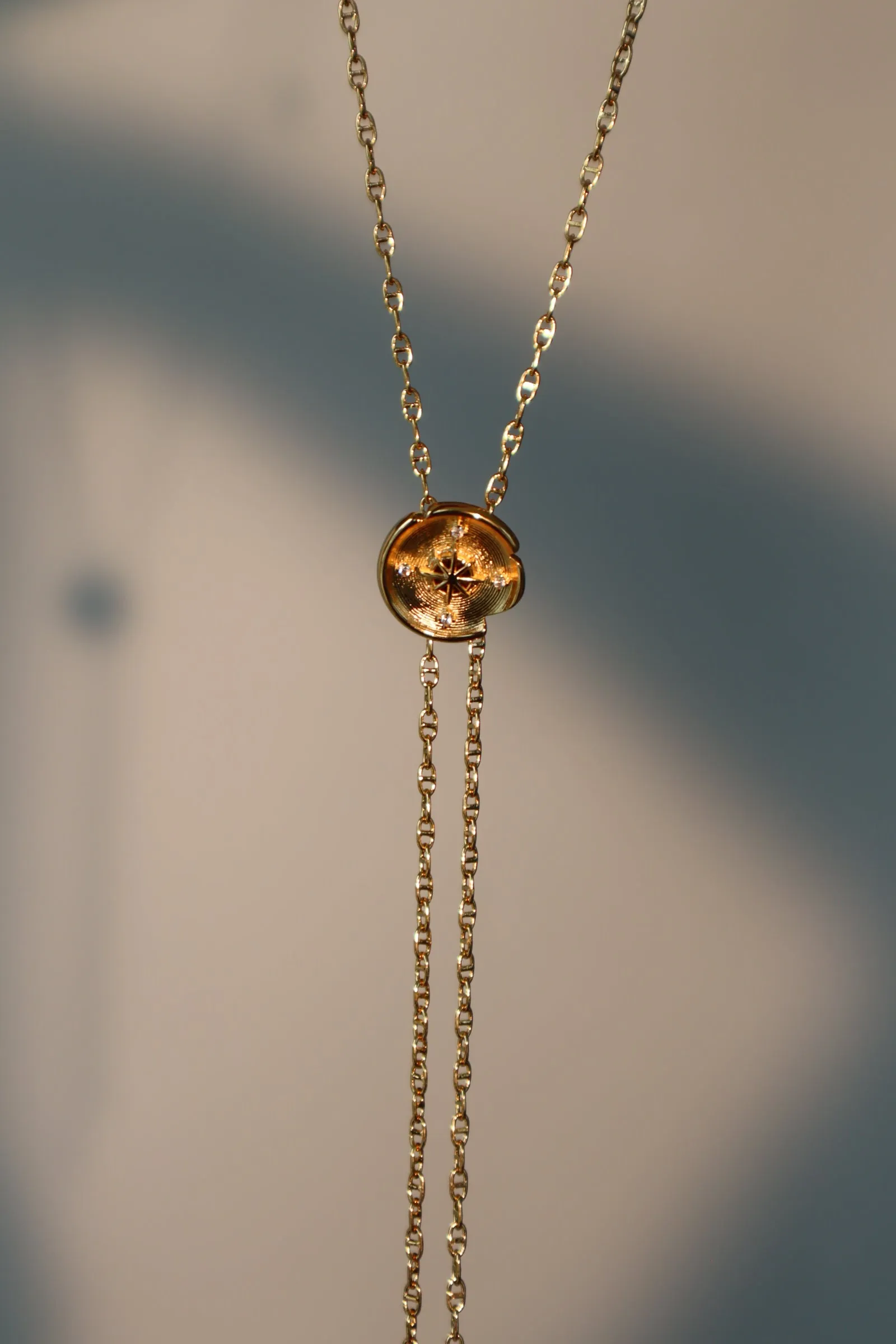 18K Real Gold Plated Pole Star Clock Lariat Necklace