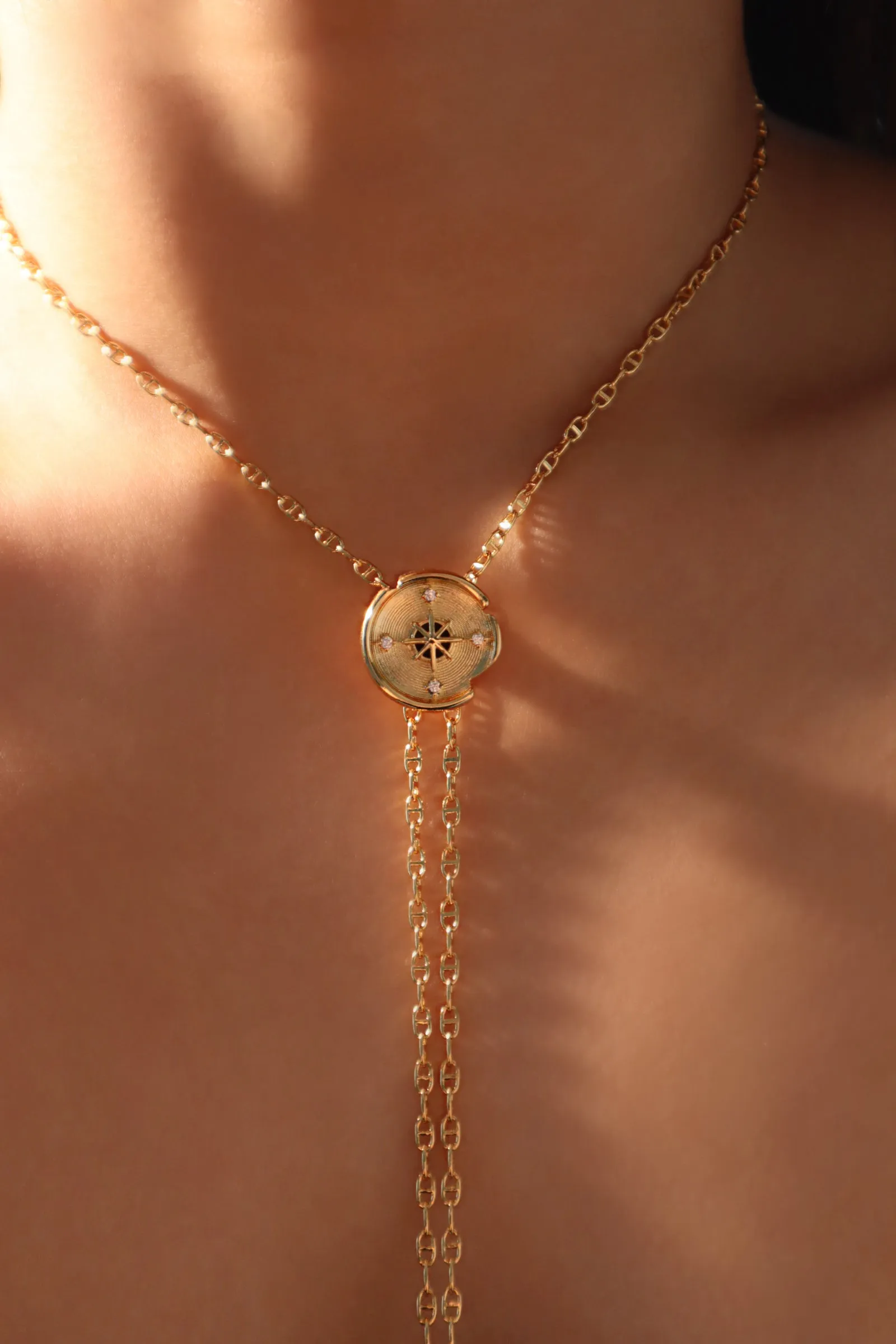 18K Real Gold Plated Pole Star Clock Lariat Necklace