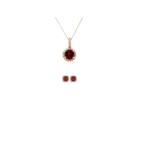 18K Rose Gold 1/2ct Halo Garnet Round 18 Inch Necklace and Halo Square Earrings Set Plated