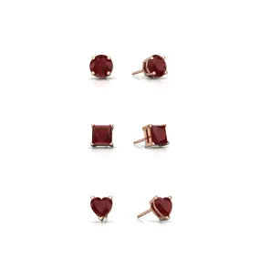 18k Rose Gold Plated 6mm Created Ruby 3 Pair Round, Square and Heart Stud Earrings