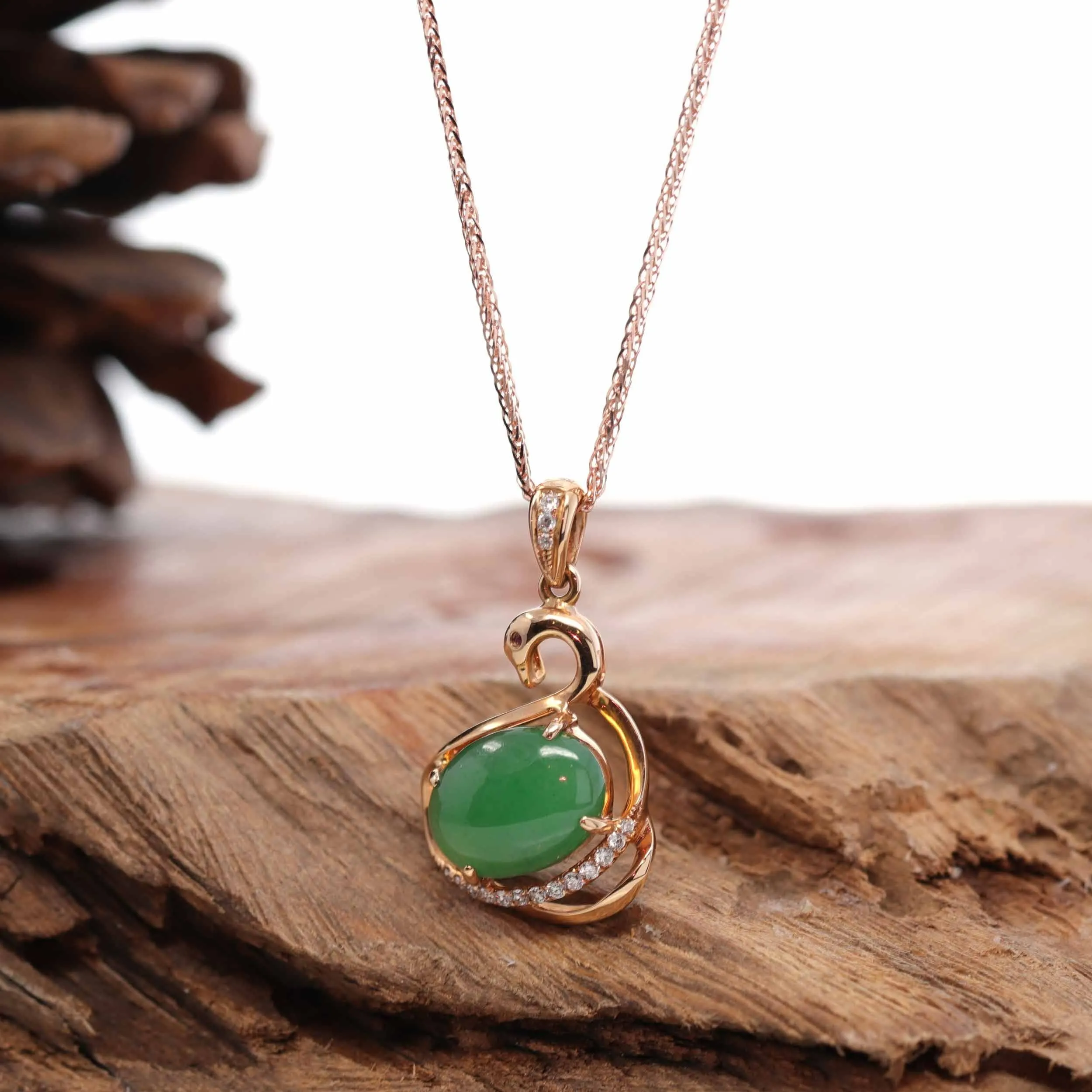 18K Rose Gold "Swan" Imperial Jadeite Jade Cabochon Necklace with Diamonds