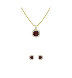 18K Yellow Gold 4ct Halo Garnet Round 18 Inch Necklace and Halo Earrings Set Plated