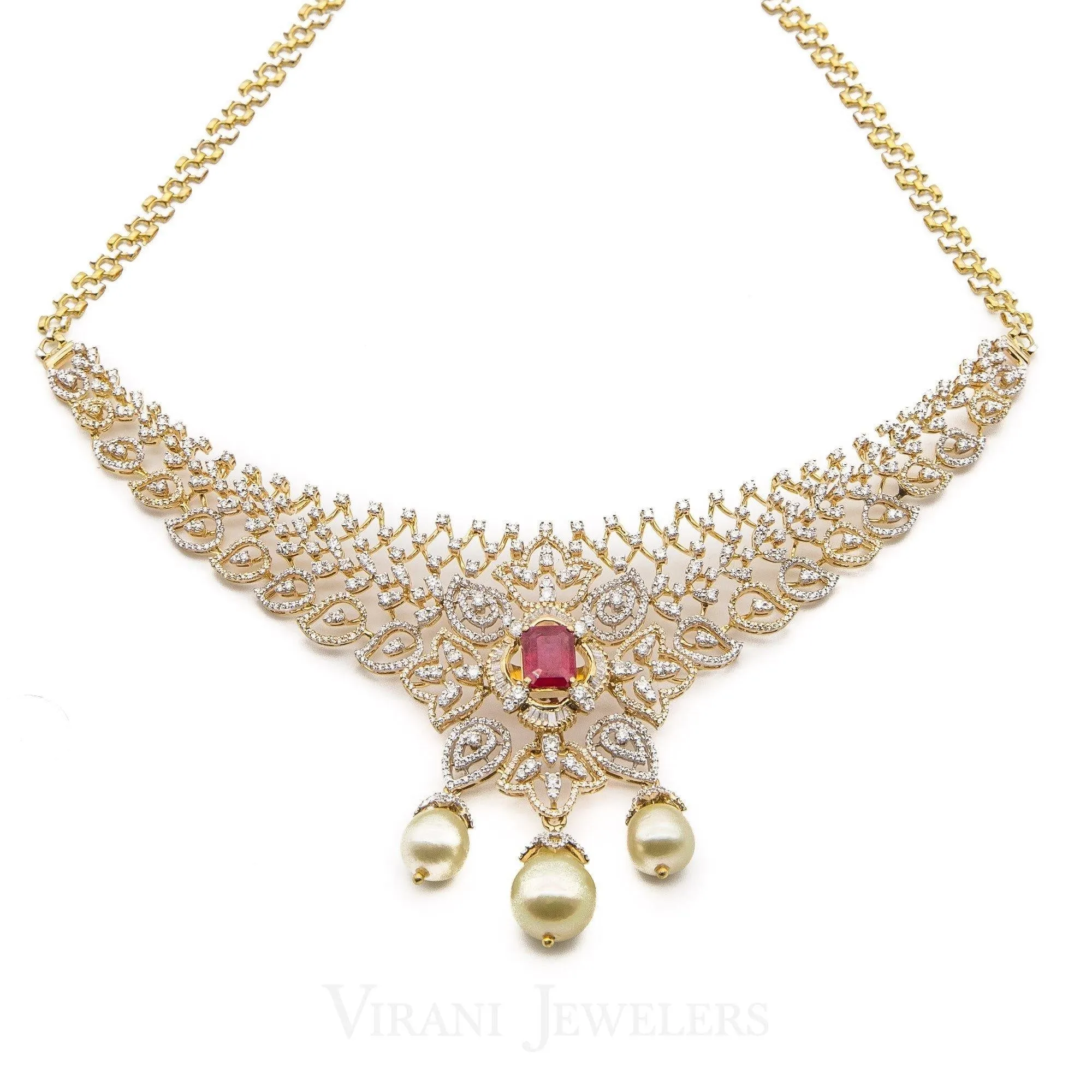 18K Yellow Gold Diamond Bridal Necklace & Earrings Set W/ 8.17ct Diamonds, Rubies & Pearls