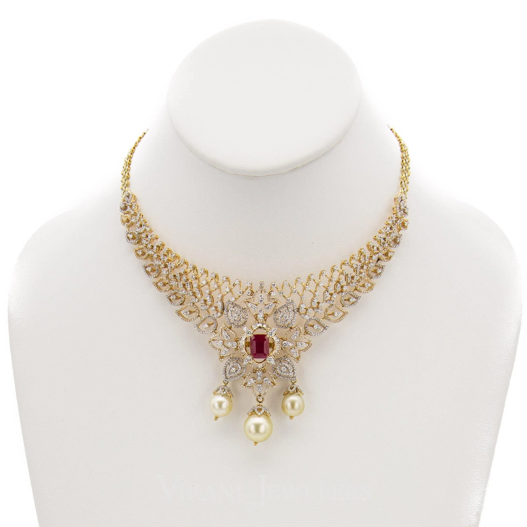 18K Yellow Gold Diamond Bridal Necklace & Earrings Set W/ 8.17ct Diamonds, Rubies & Pearls