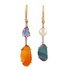 18k Yellow Gold Fire Opal Tanzanite Pearl Dangle Earrings Handmade Jewelry